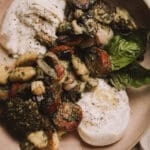 Gluten-free sheet pan pesto gnocchi in ceramic dish